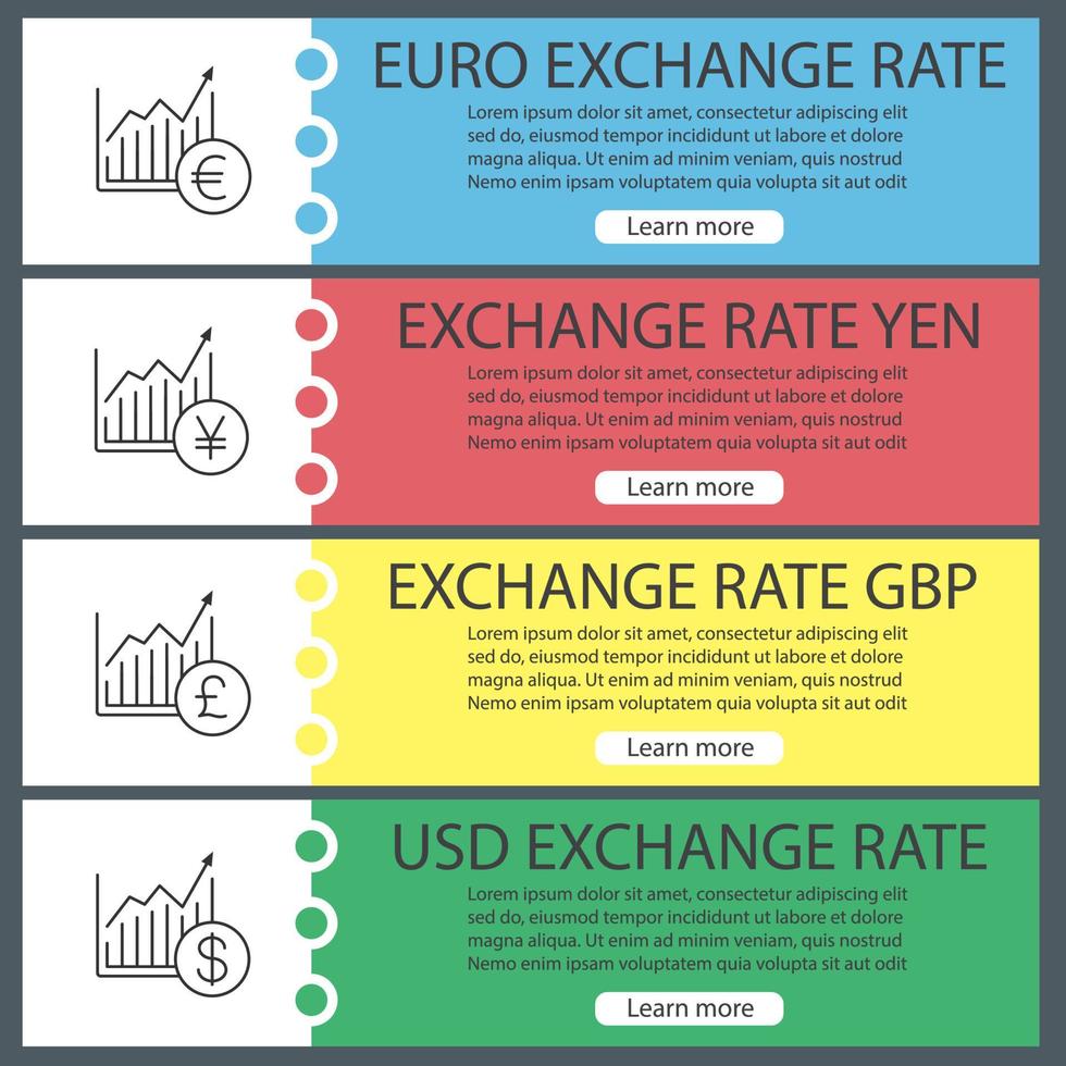 Currencies exchange rates web banner templates set. Market growth charts with US dollar, pound, yen, euro signs. Website color menu items with linear icons. Vector headers design concepts