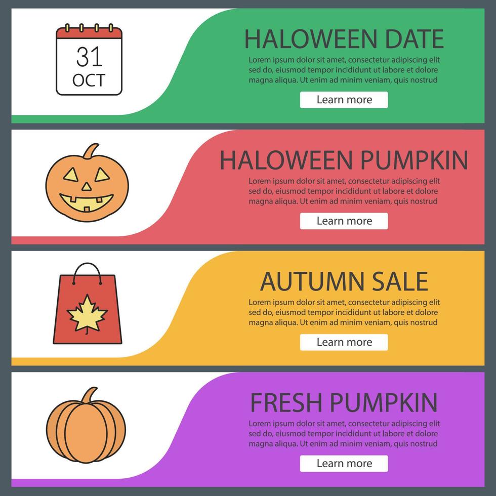 Autumn season web banner templates set. October 31 date, Halloween pumpkins, shopping bag with maple leaf. Website color menu items. Vector headers design concepts