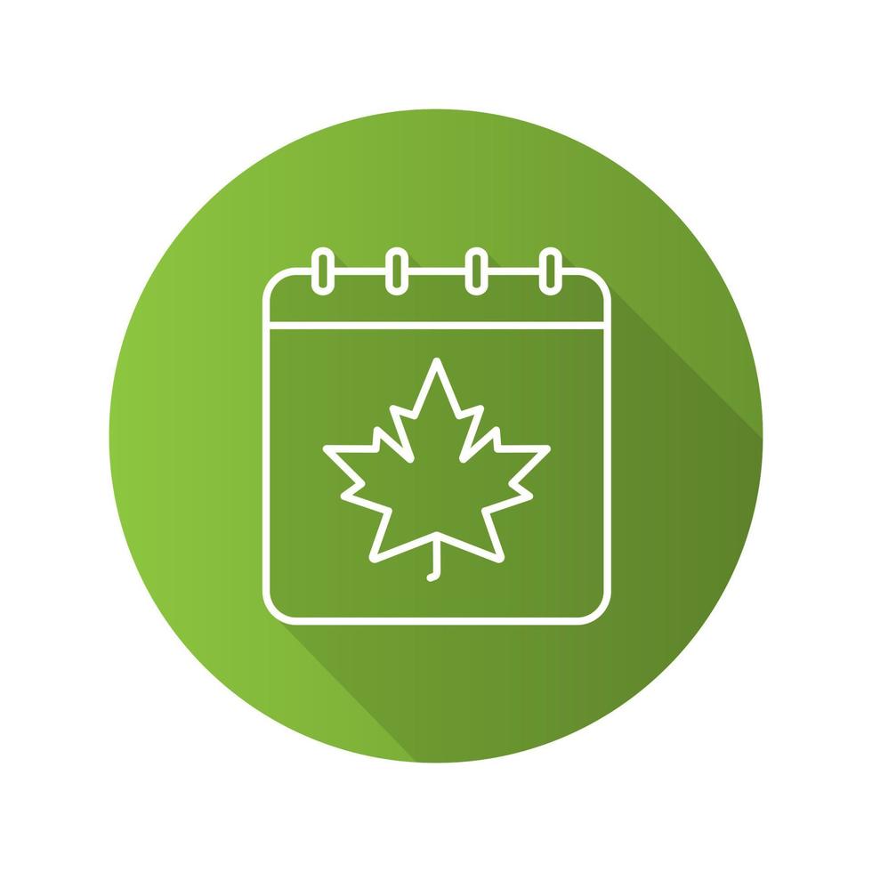 Autumn calendar flat linear long shadow icon. Calendar page with maple leaf. Vector outline symbol