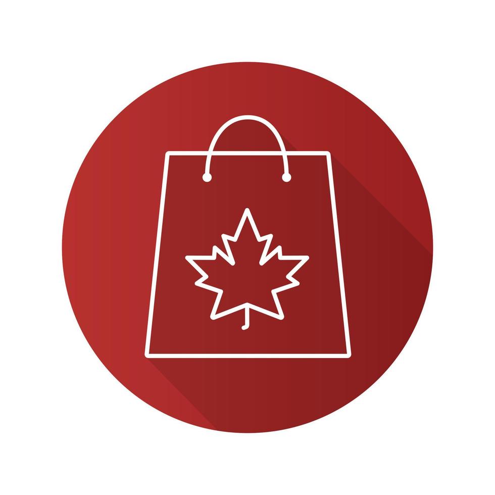 Autumn shopping flat linear long shadow icon. Shopping bag with maple leaf. Vector outline symbol