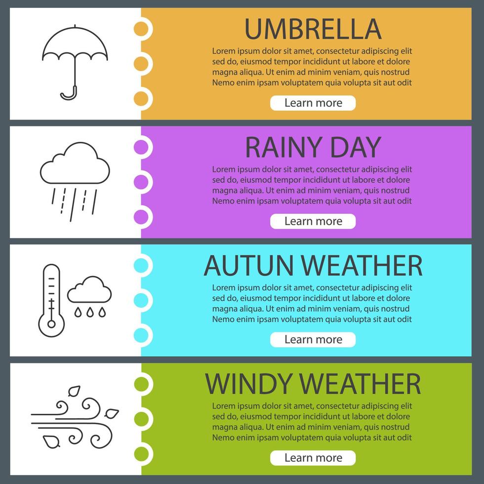 Autumn weather web banner templates set. Umbrella, thermometer with rainy cloud, wind blowing. Website color menu items with linear icons. Vector headers design concepts