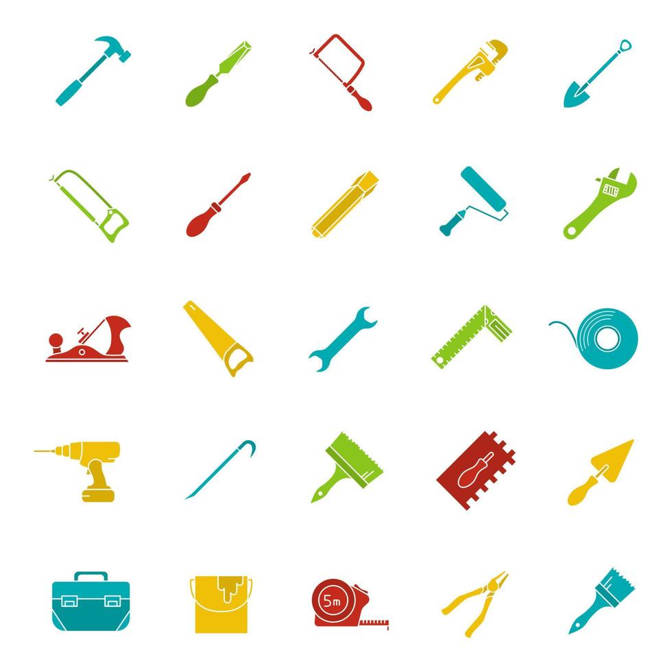 Conjunto de iconos de color de glifo de herramientas de construcción. símbolos de silueta sobre fondos negros. instrumentos de renovación y reparación. llave, pala, martillo, brocha, palanca. espacio negativo. ilustraciones vectoriales vector