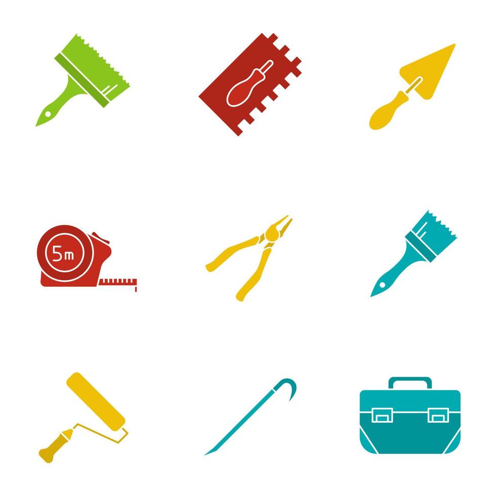 Construction tools glyph color icon set. Silhouette symbols on black backgrounds. Paint brushes, measuring tape, nippers, paint roller, crowbar, tool box. Negative space. Vector illustrations