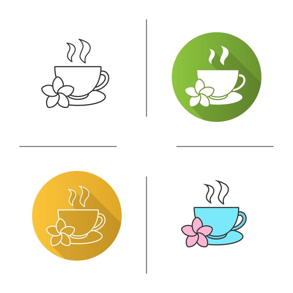 icono de taza de té de hierbas. diseño plano, estilos lineales y de color. taza de té con flor de plumeria. ilustraciones vectoriales aisladas vector