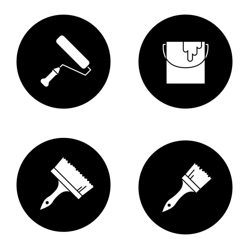 Painting tools glyph icons set. Paint brushes, bucket, roller. Vector white silhouettes illustrations in black circles
