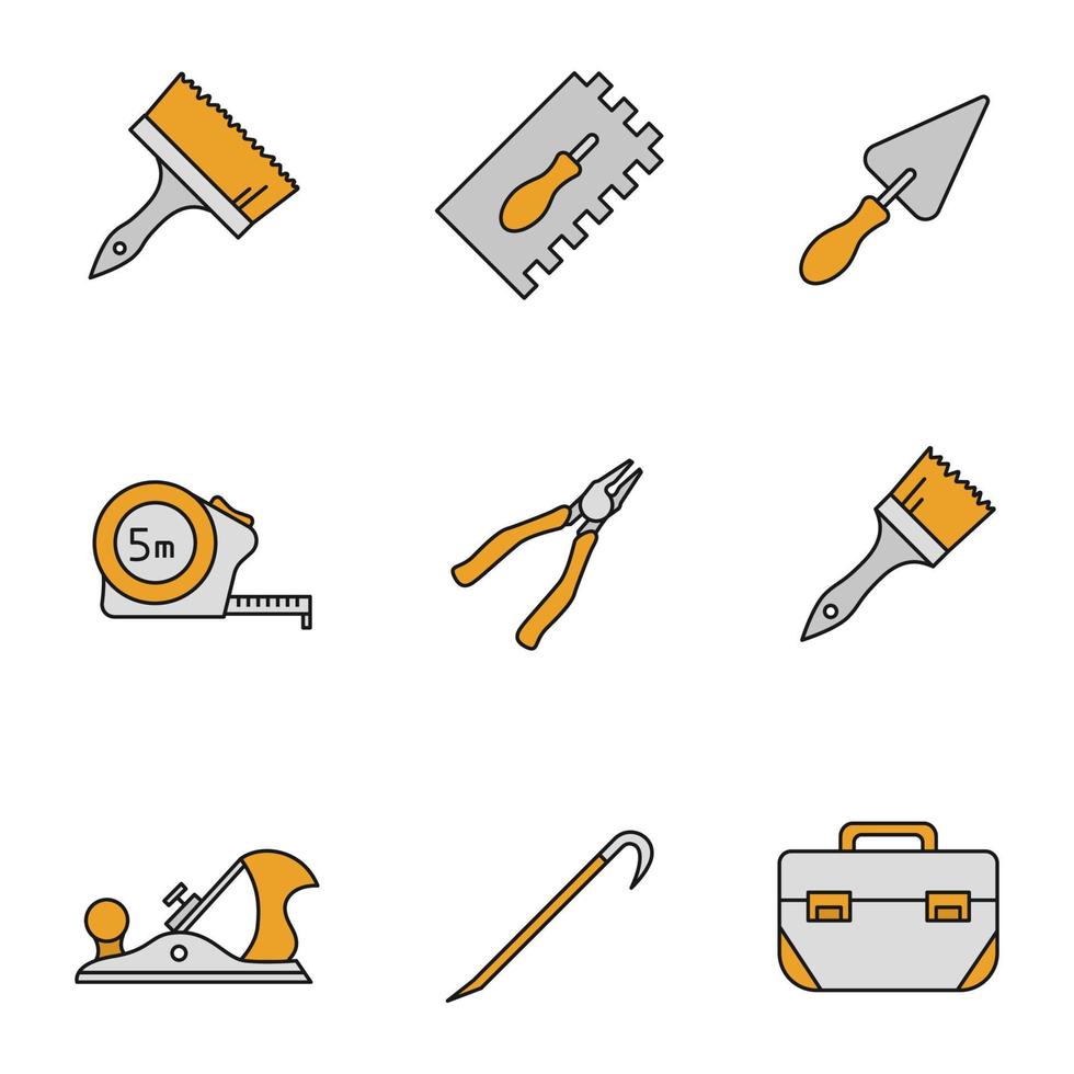 Construction tools color icons set. Paint brushes, rectangular notched trowel, triangular shovel, measuring tape, nippers, jack plane, crowbar, tool box. Isolated vector illustrations