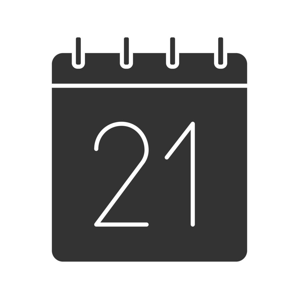 vigésimo primer día del icono de glifo de mes. símbolo de silueta de fecha. Calendario de pared con 21 letreros. espacio negativo. vector ilustración aislada