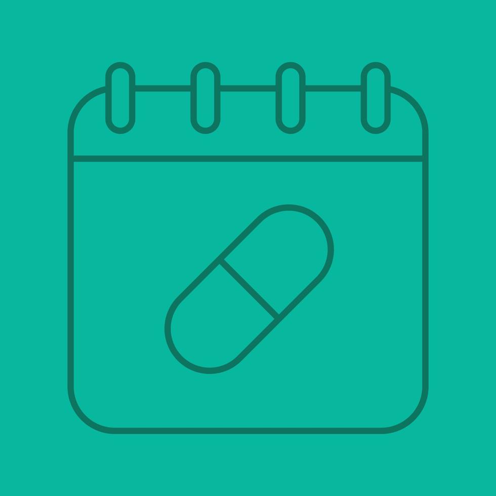 Medications taking schedule linear icon. Calendar page with pill. Thin line outline symbols on color background. Vector illustration