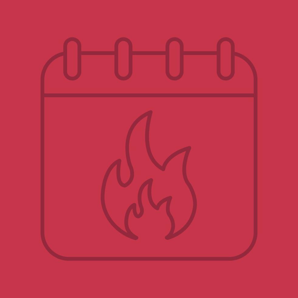 Deadline date linear icon. Calendar page with burning fire. Thin line outline symbols on color background. Vector illustration