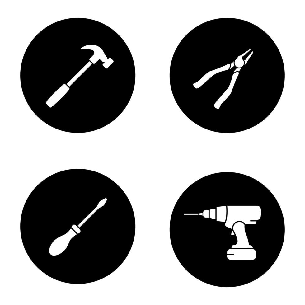 Construction tools glyph icons set. Hammer, nippers, screwdriver, cordless drill. Vector white silhouettes illustrations in black circles