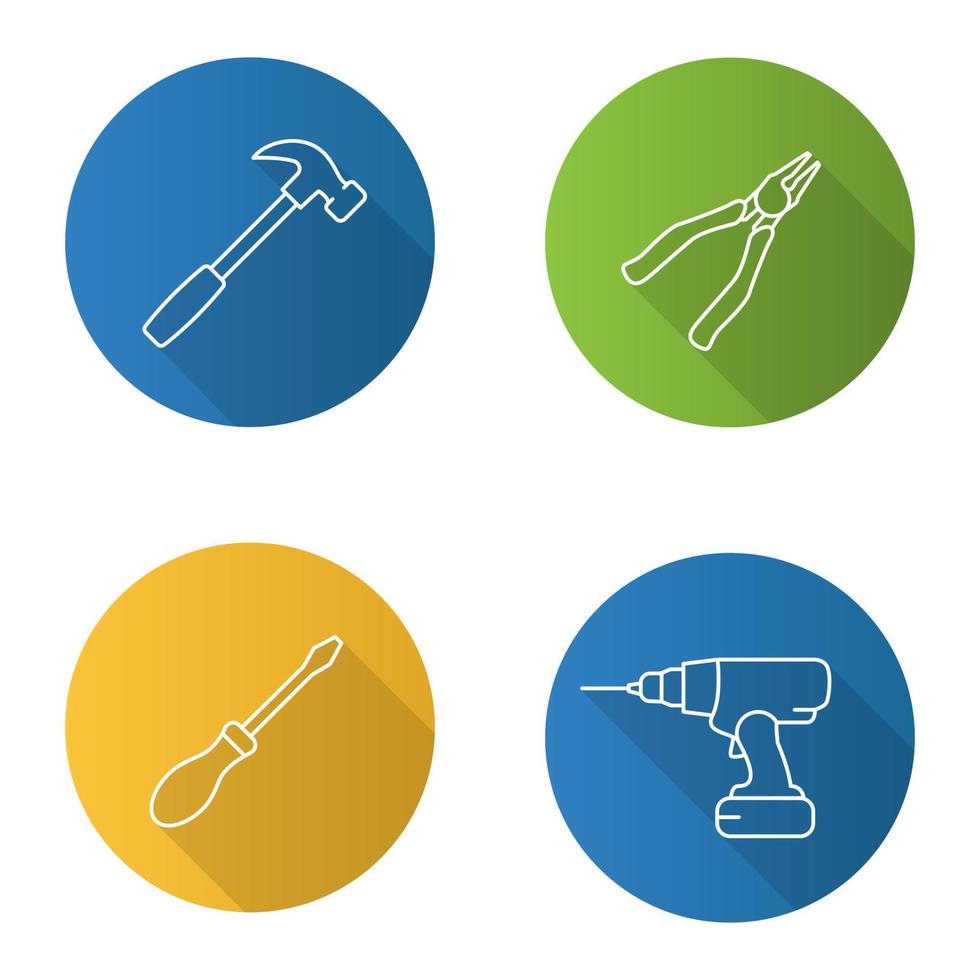 Construction tools flat linear long shadow icons set. Hammer, nippers, screwdriver, cordless drill. Vector outline illustration