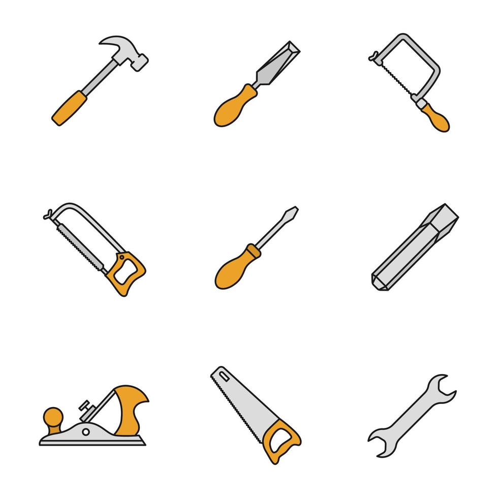 Construction tools color icons set. Hammer, chisels, hacksaw, fretsaw, hand saw, jack plane, screwdriver, wrench. Isolated vector illustrations