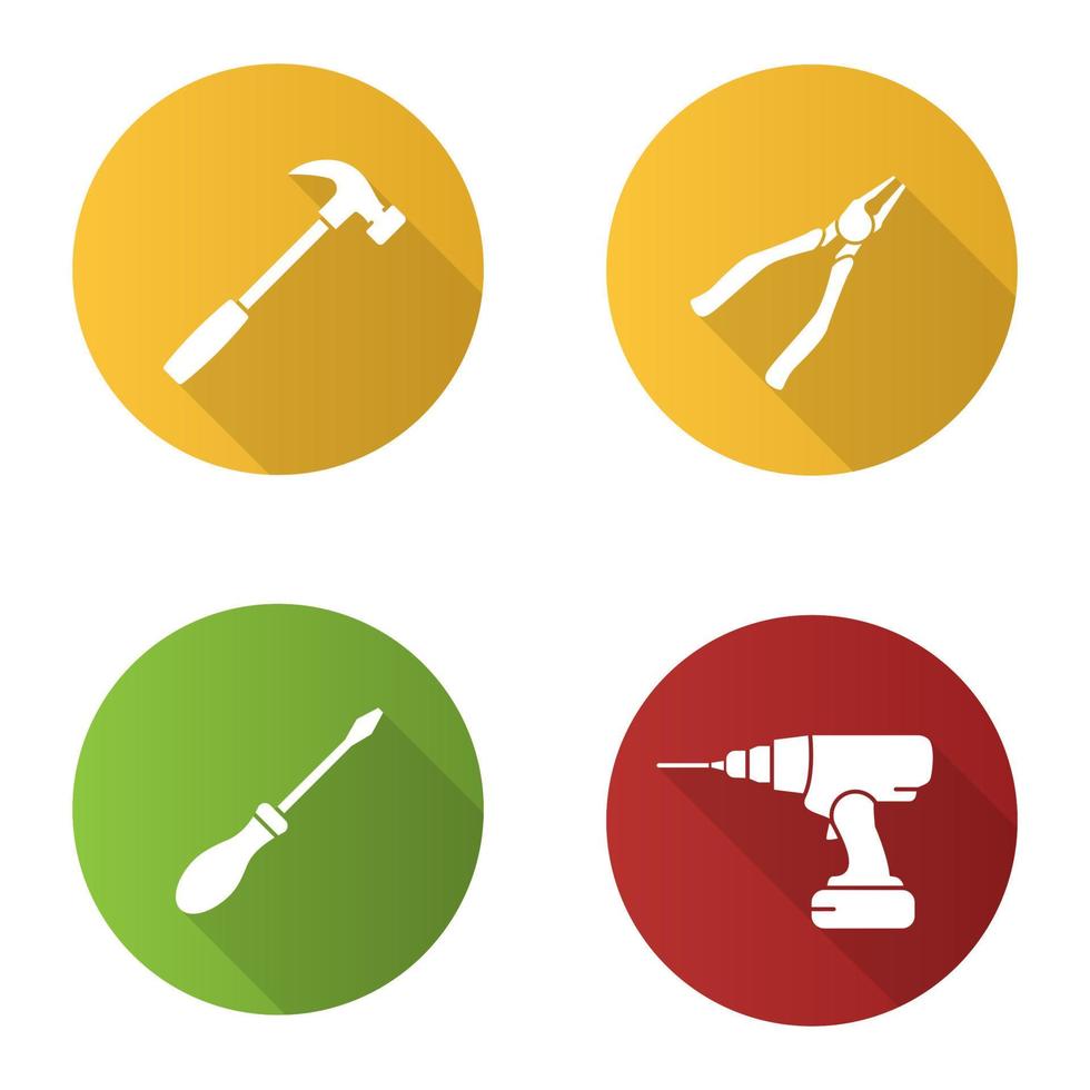 Conjunto de iconos de glifo de larga sombra de diseño plano de herramientas de construcción. martillo, tenazas, destornillador, taladro cordones. ilustración de silueta de vector