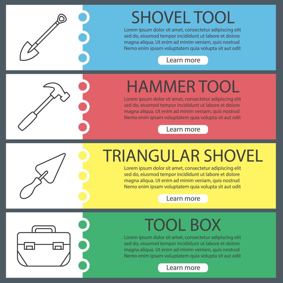 Construction tools web banner templates set. Spade, hammer, triangular shovel, tool box. Website color menu items with linear icons. Vector headers design concepts