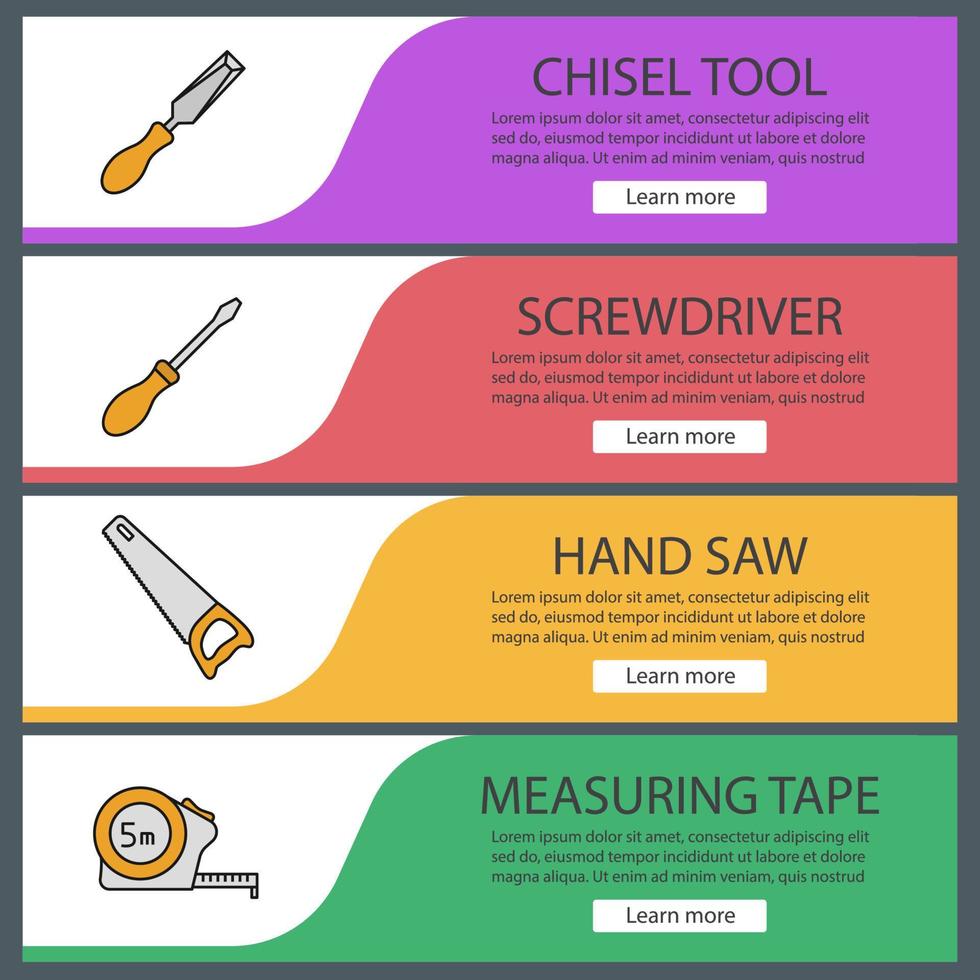 Construction tools web banner templates set. Chisel, screwdriver, hand saw, measuring tape. Website color menu items. Vector headers design concepts