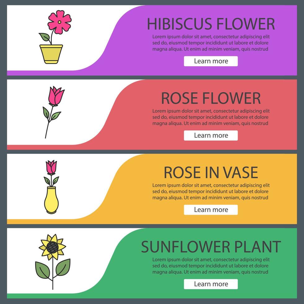 Flowers web banner templates set. Roses, hibiscus in flowerpot, sunflower. Website color menu items. Vector headers design concepts