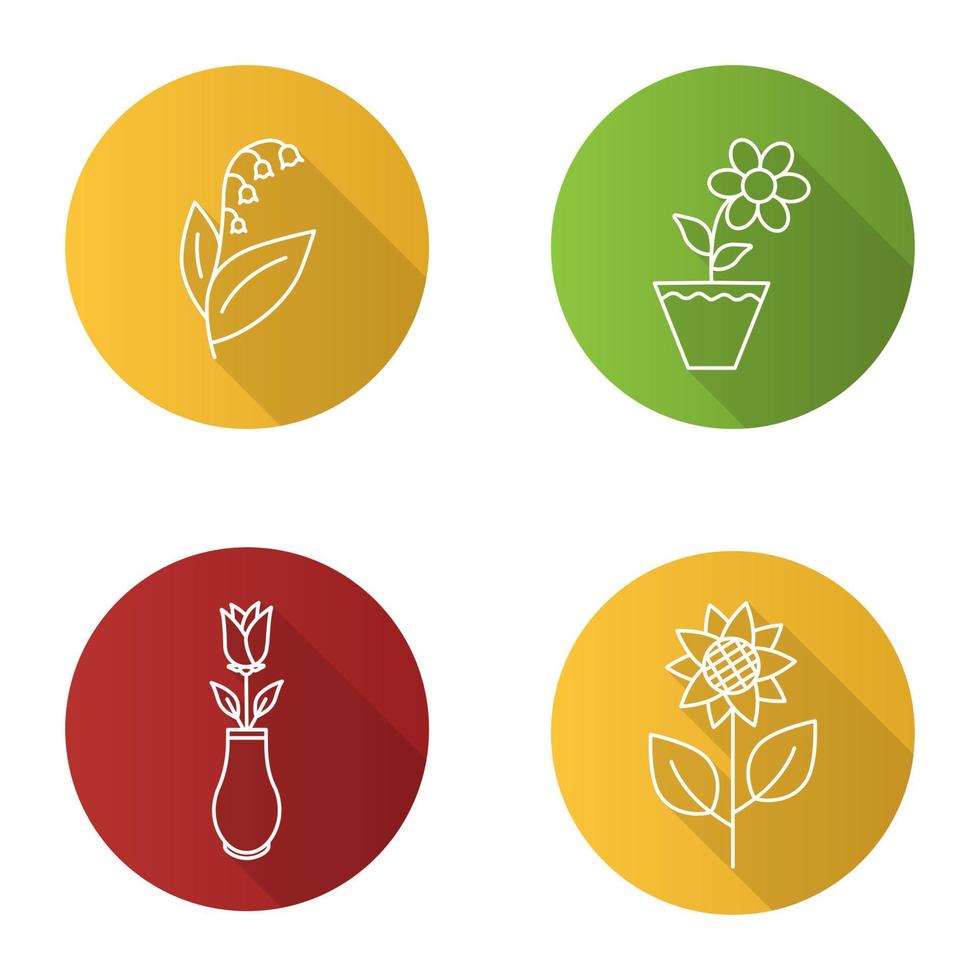 Flowers flat linear long shadow icons set. Lily of the valley, crocus in flowerpot, rose in vase, sunflower. Vector outline illustration