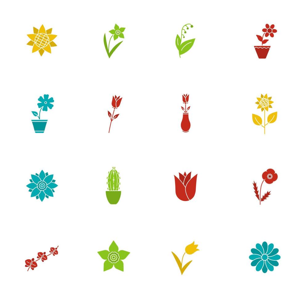 Flowers glyph color icon set. Garden, wild, house plants. Blooming decorative flowers. Silhouette symbols on black backgrounds. Negative space. Vector illustrations
