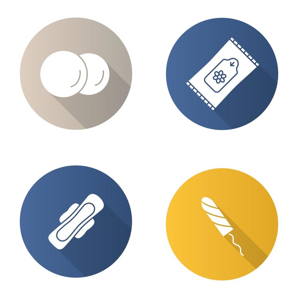 Conjunto de iconos de glifo de larga sombra de diseño plano de artículos de tocador. productos de higiene femenina. almohadillas de algodón, tampón sanitario, toalla con alas, toallitas húmedas. ilustración de silueta de vector