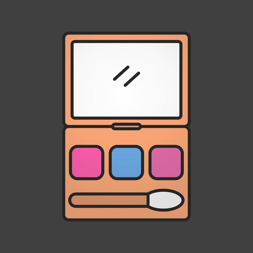 Makeup kit color icon. Cosmetic. Women goods. Powder, rouge, blusher, eye shadows in case. Isolated vector illustration