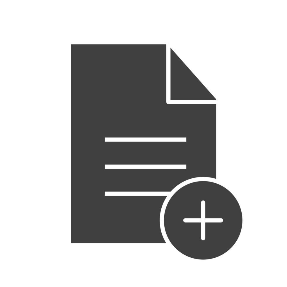 Add new document glyph icon. Silhouette symbol. Document with plus sign. Negative space. Vector isolated illustration