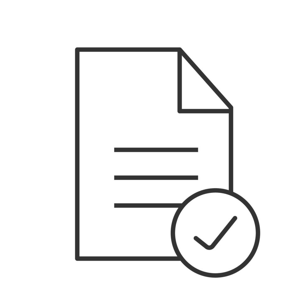 Approved document linear icon. Thin line illustration. Document with tick mark. Contour symbol. Vector isolated outline drawing
