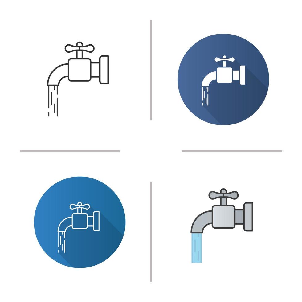 Water resources icon. Flat design, linear and color styles. Faucet with flowing water. Isolated vector illustrations