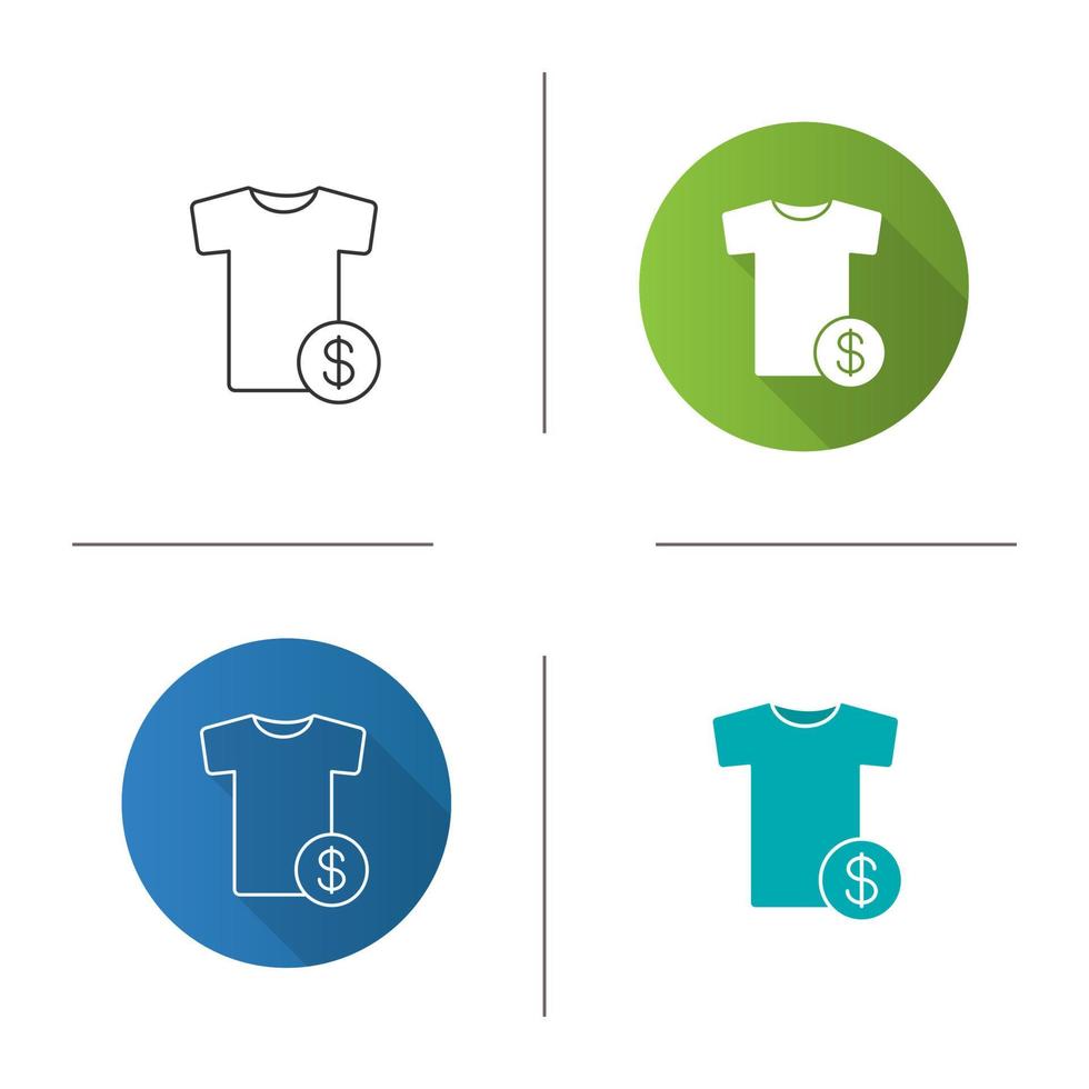 Buy clothes icon. Flat design, linear and glyph color styles. T-shirt with dollar sign. Isolated vector illustrations