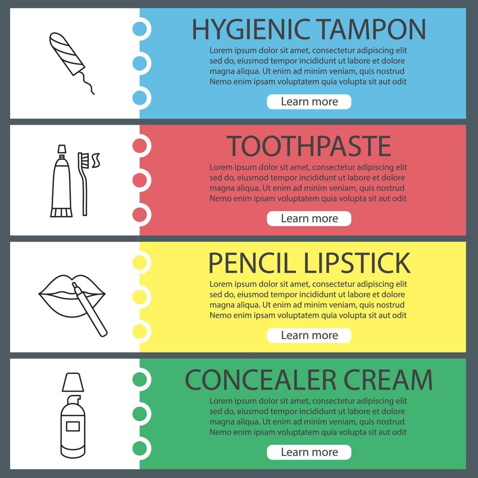 Conjunto de plantillas de banner web de accesorios cosméticos. tampón higiénico, pasta de dientes, lápiz labial, crema correctora. elementos del menú de color del sitio web con iconos lineales. conceptos de diseño de encabezados vectoriales vector