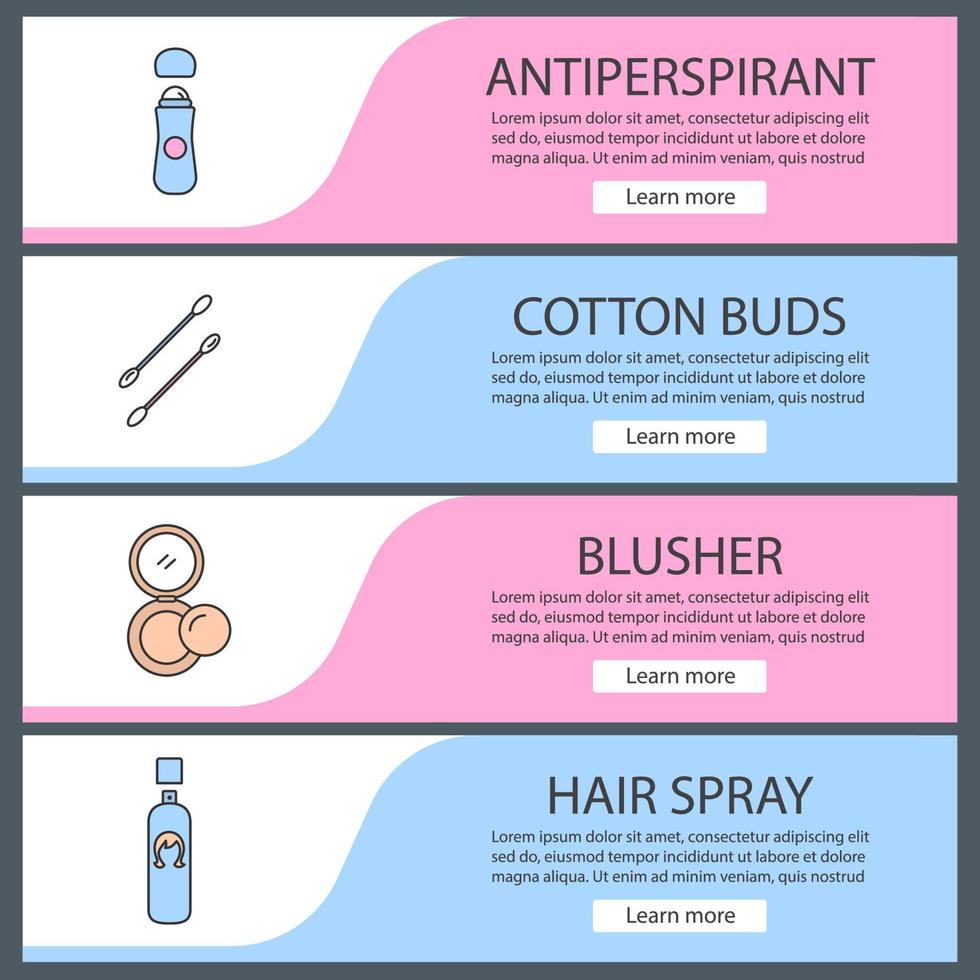 Cosmetics accessories web banner templates set. Antiperspirant, cotton buds, blusher, hair spray. Website color menu items. Vector headers design concepts
