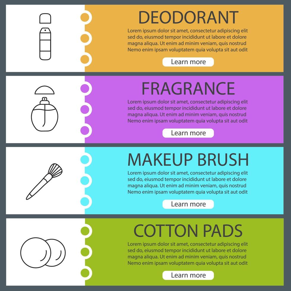 Conjunto de plantillas de banner web de accesorios cosméticos. desodorante, perfume, brocha de maquillaje, almohadillas de algodón. elementos del menú de color del sitio web con iconos lineales. conceptos de diseño de encabezados vectoriales vector