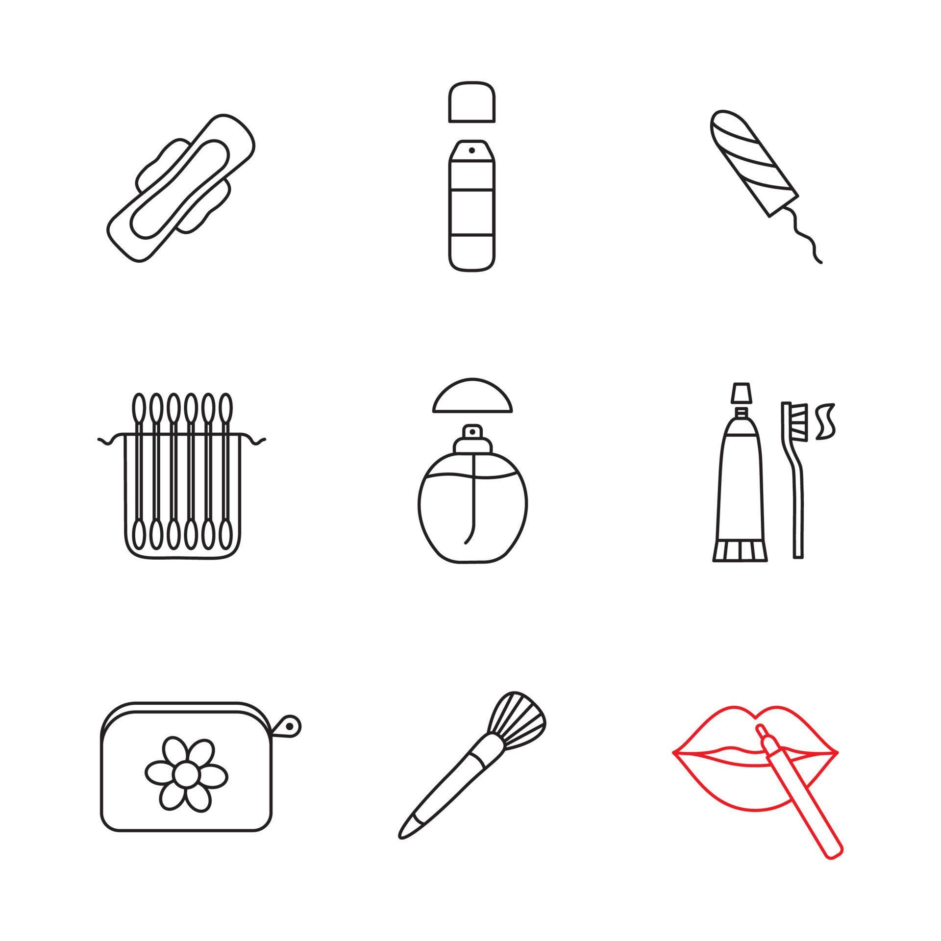 Cosmetics accessories linear icons set. Deodorant, sanitary tampon