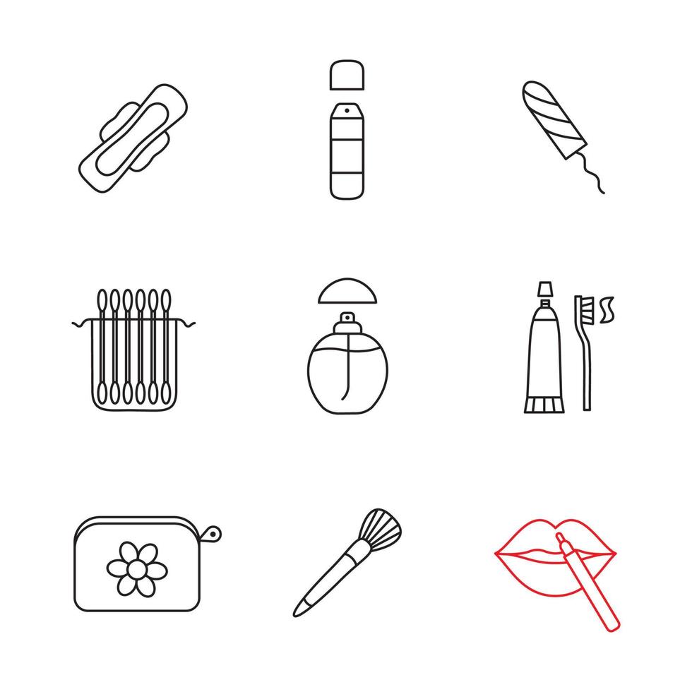 Cosmetics accessories linear icons set. Deodorant, sanitary tampon, earsticks package, perfume, toothpaste, cosmetic bag, makeup brush. Thin line contour symbols. Isolated vector outline illustrations