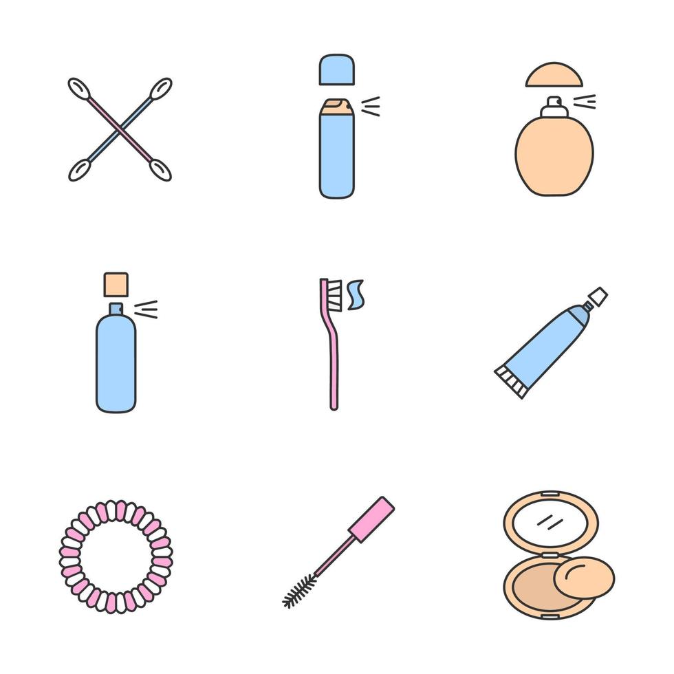 Cosmetics accessories color icons set. Earsticks, deodorant bottles, perfume, toothbrush, toothpaste, hair scrunchy, mascara, rouge. Isolated vector illustrations