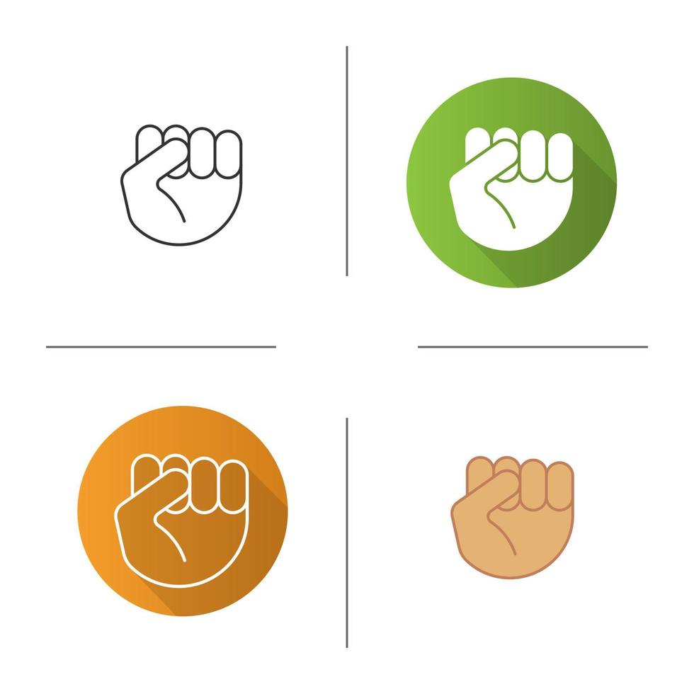 Squeezed fist icon. Flat design, linear and color styles. Clenched hand gesture. Isolated vector illustrations