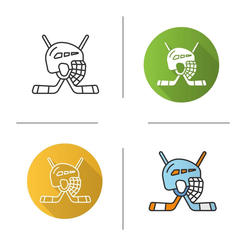 Ice hockey equipment icon. Flat design, linear and color styles. Hockey sticks and helmet. Isolated vector illustrations