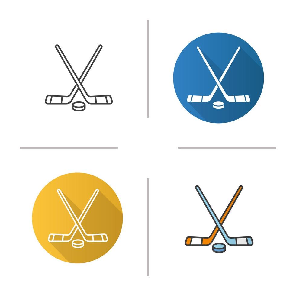 Ice hockey equipment icon. Flat design, linear and color styles. Crossed hockey sticks and rubber puck. Isolated vector illustrations