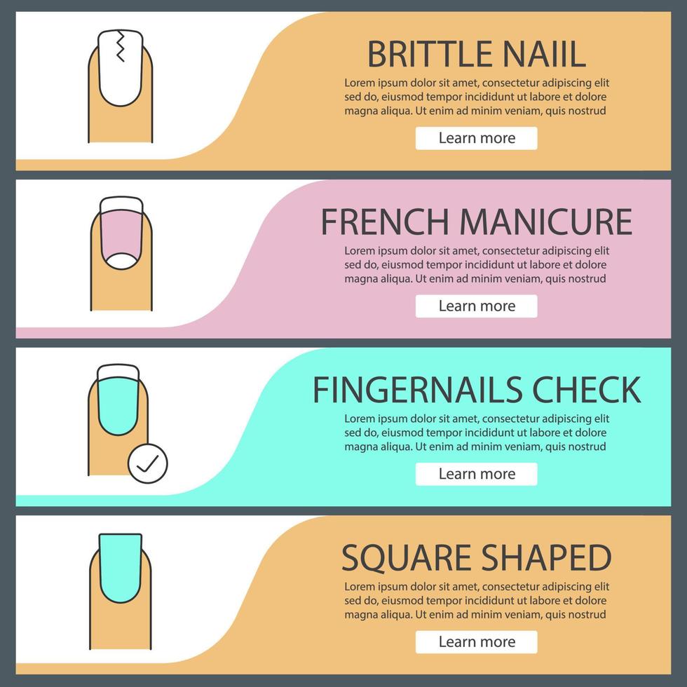 Conjunto de plantillas de banner web de manicura. uñas quebradizas y cuadradas, manicura francesa, chequeo de uñas. elementos del menú de color del sitio web. conceptos de diseño de encabezados vectoriales vector