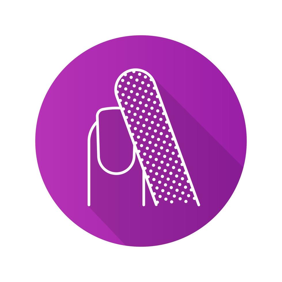 Nail filing flat linear long shadow icon. Woman's nail with file. Vector outline symbol