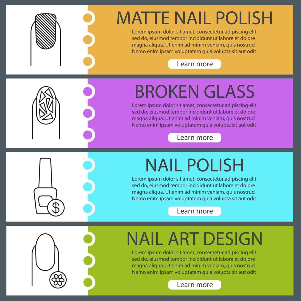 Manicure web banner templates set. Matte, broken glass manicure, nail polish bottle, fingernail with flower. Website color menu items with linear icons. Vector headers design concepts