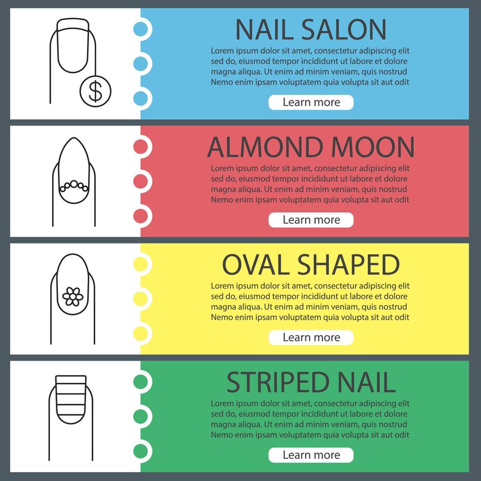 Manicure web banner templates set. Almond moon, oval shaped, striped manicure, nail with dollar sign. Website color menu items with linear icons. Vector headers design concepts