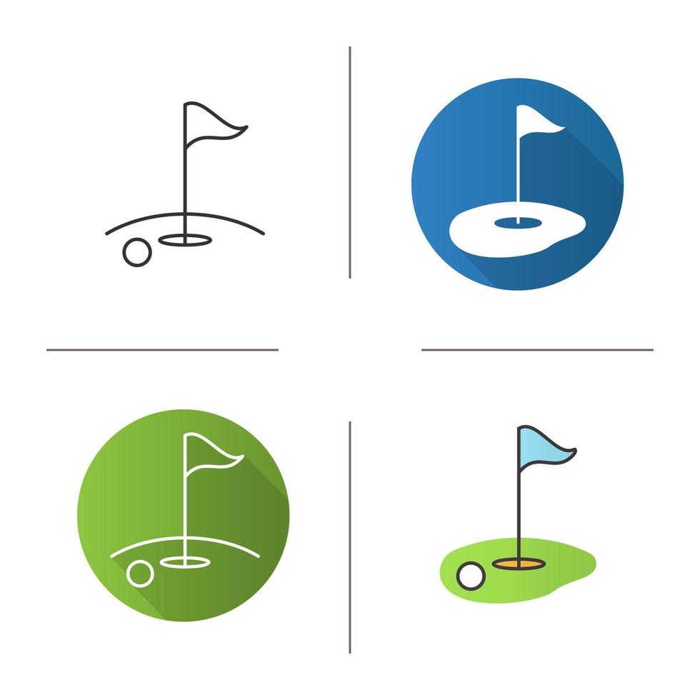 icono de campo de golf. diseño plano, estilos lineales y de color. bandera de golf en el hoyo con bola. ilustraciones vectoriales aisladas vector