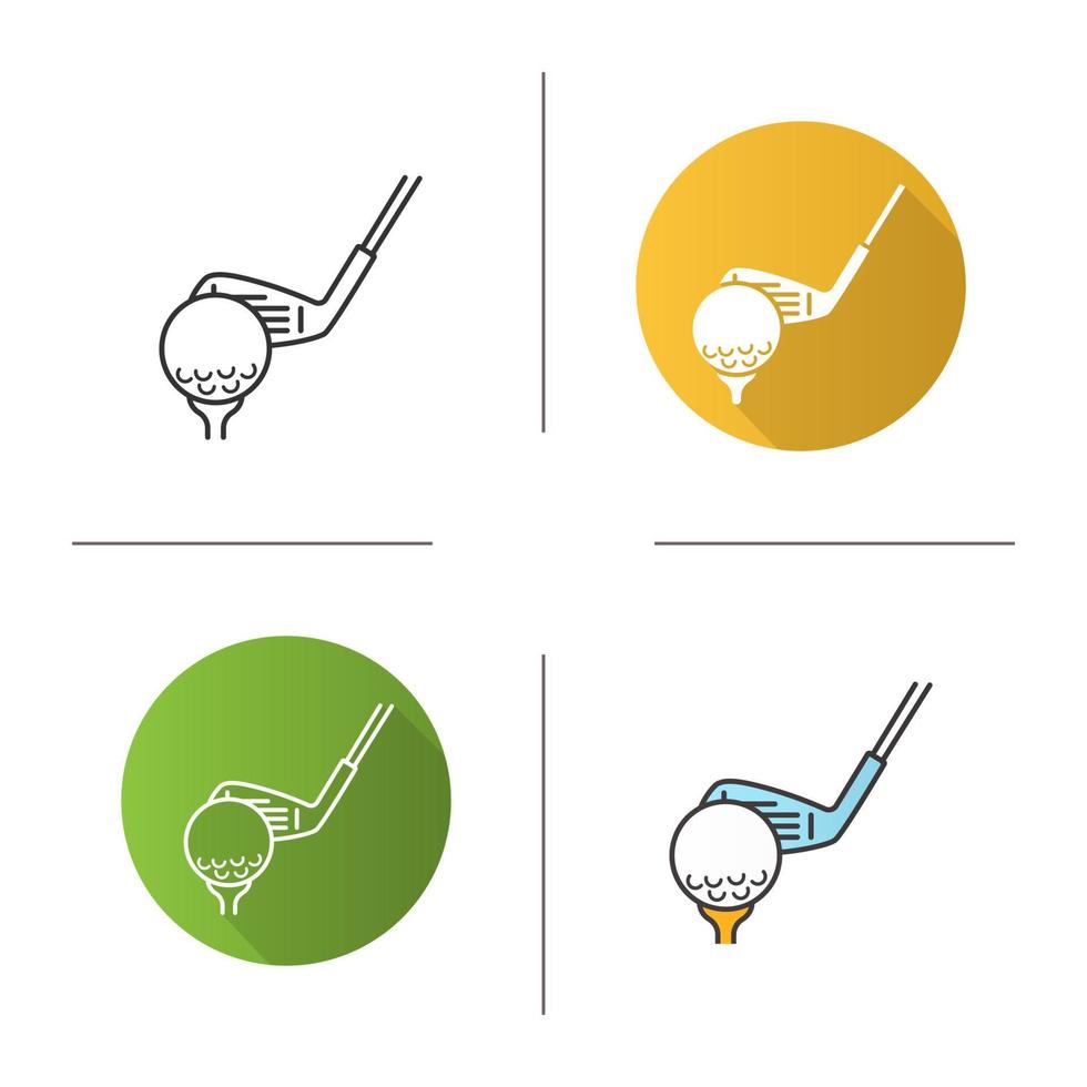 Golf ball on tee with club icon. Flat design, linear and color styles. Isolated vector illustrations