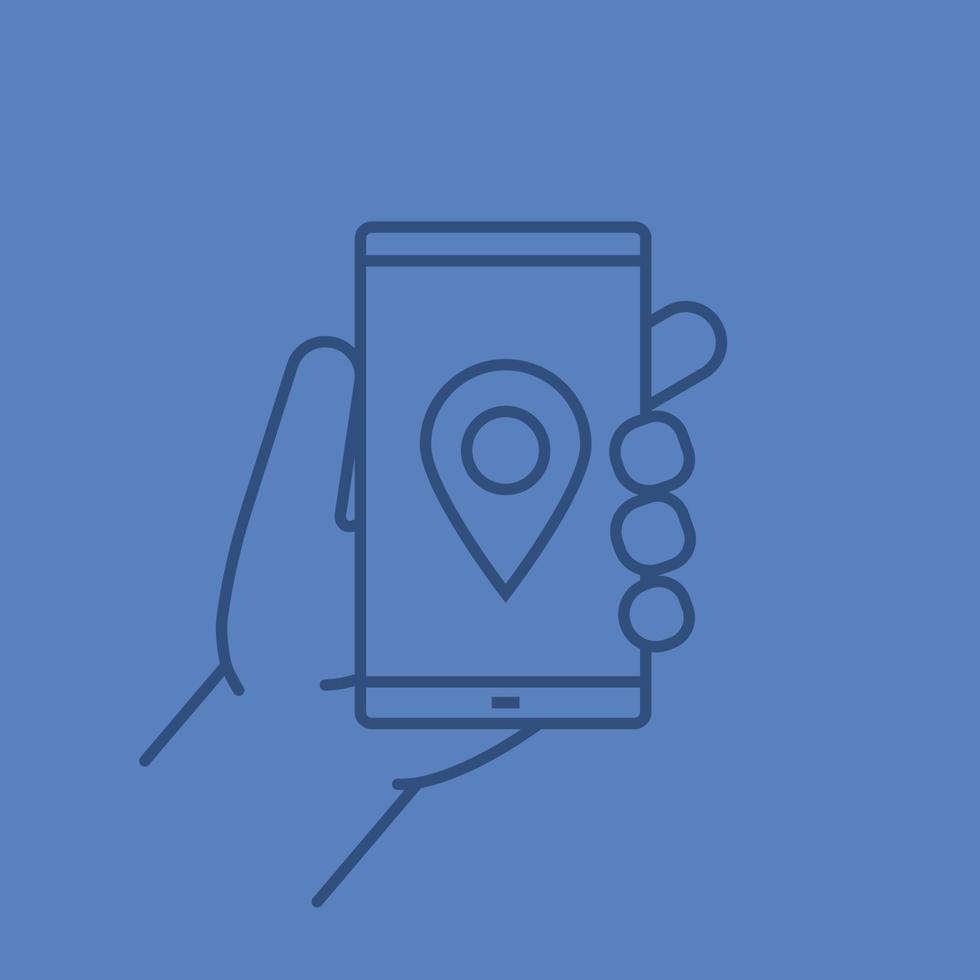 Hand holding smartphone linear icon. Smartphone gps navigation app. Thin line outline symbols on color background. Vector illustration