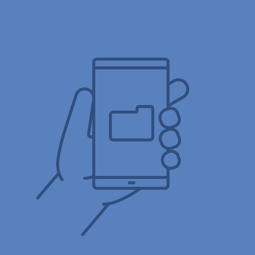 Hand holding smartphone linear icon. Smart phone file manager. Thin line outline symbols on color background. Vector illustration
