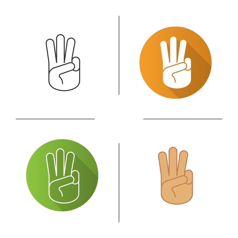 Three fingers up icon. Flat design, linear and color styles. Scout promise sign. Isolated vector illustrations