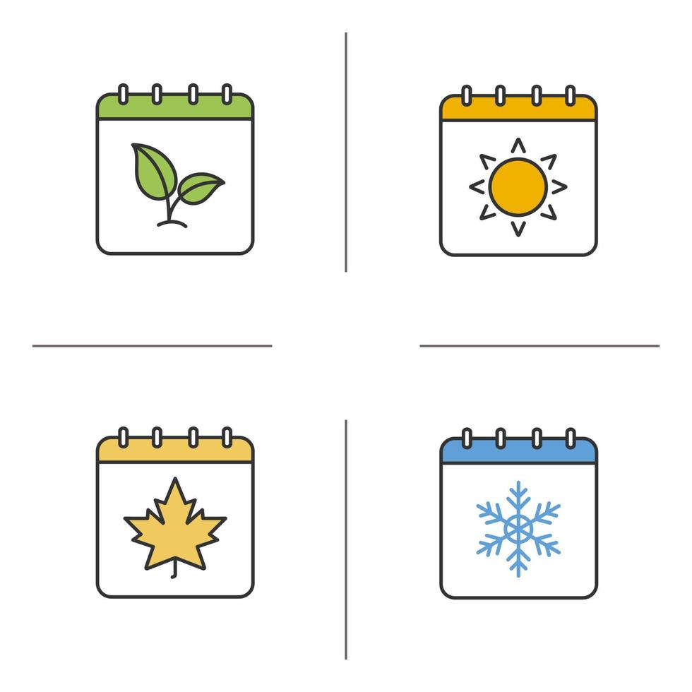 Seasons calendar color icons set. Spring, summer, autumn, winter time. Four seasons. Isolated vector illustrations