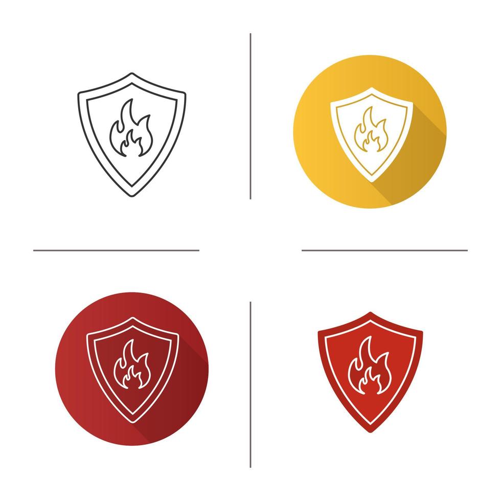 Firefighters badge icon. Flat design, linear and glyph color styles. Protection shield with fire. Flammable sign. Isolated vector illustrations