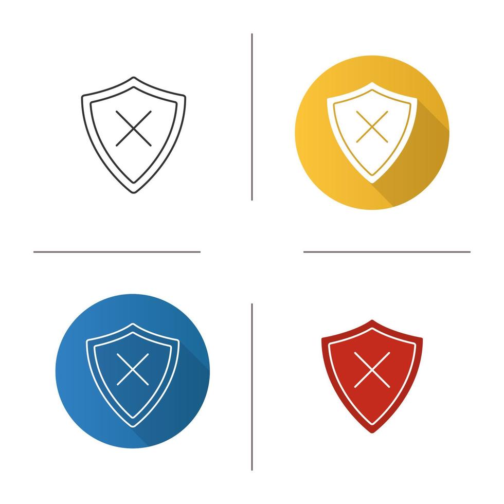 Security icon. Flat design, linear and glyph color styles. Protection shield with cancel cross. Isolated vector illustrations