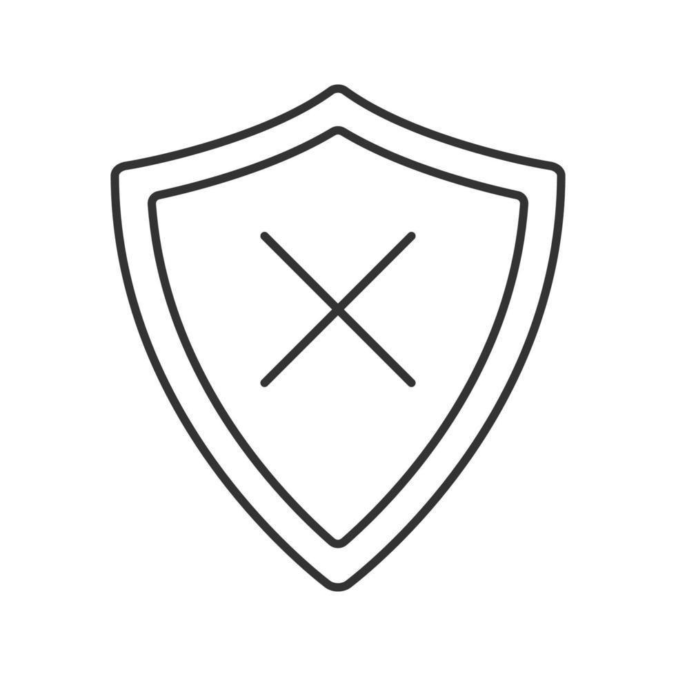 Security linear icon. Thin line illustration. Protection shield with cancel cross. Contour symbol. Vector isolated outline drawing